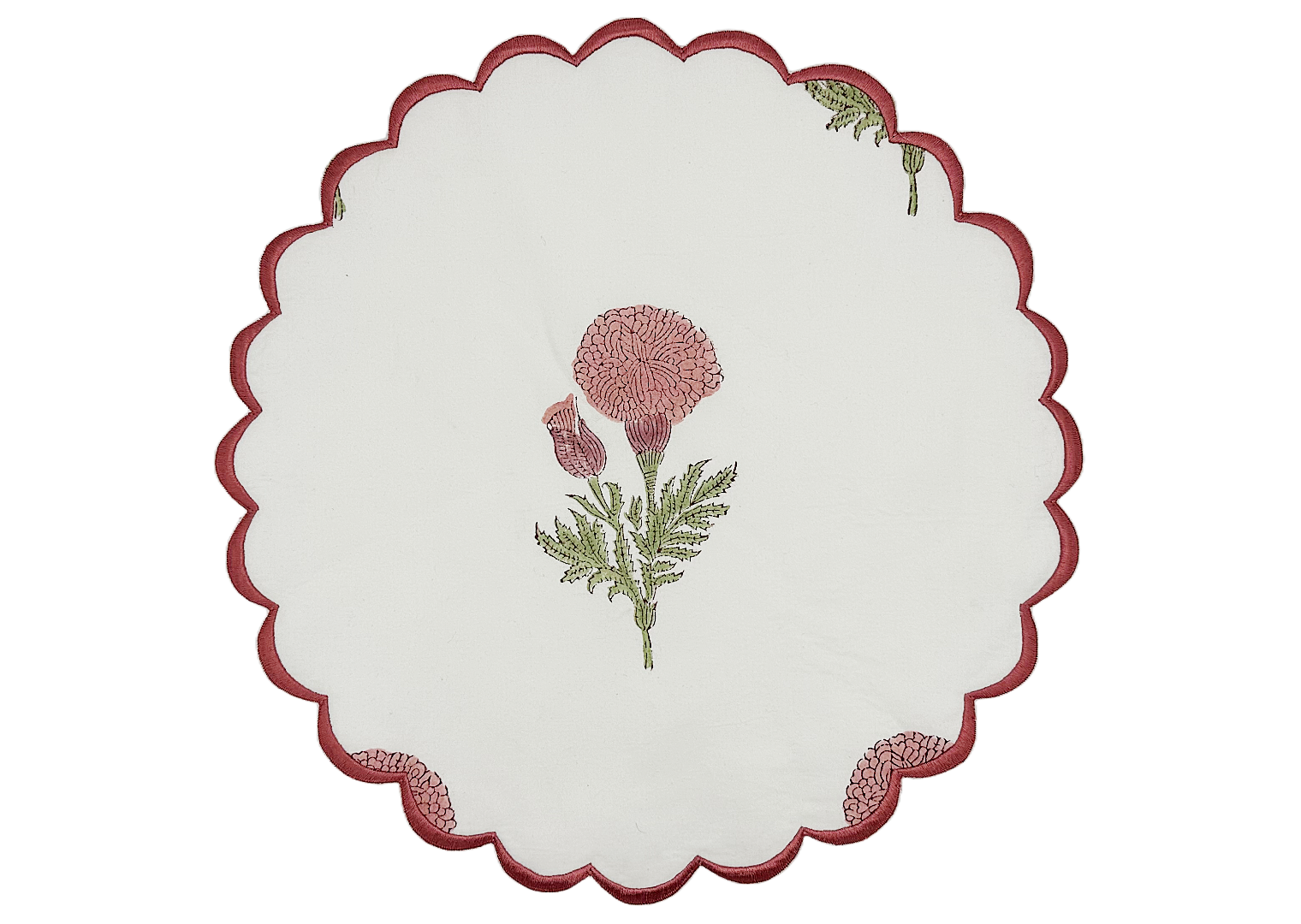 Pastel Pink Linen Round Table Mats With Scallop Edges in White 