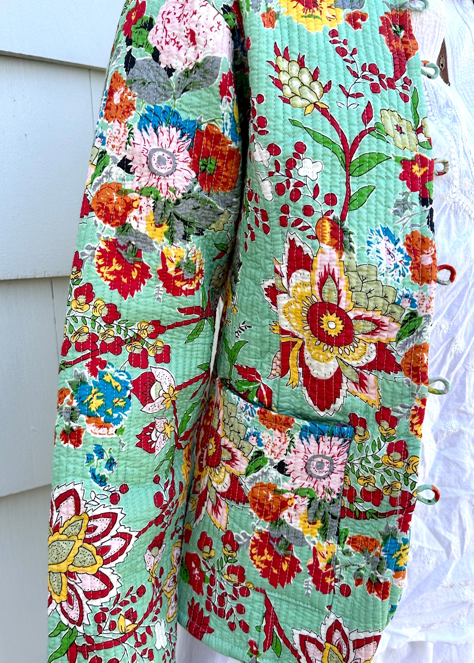 Kantha Quilted Jacket in Mint Green I Womens Jacket I Quilted Jacket i Cotton Jacket - DharBazaar