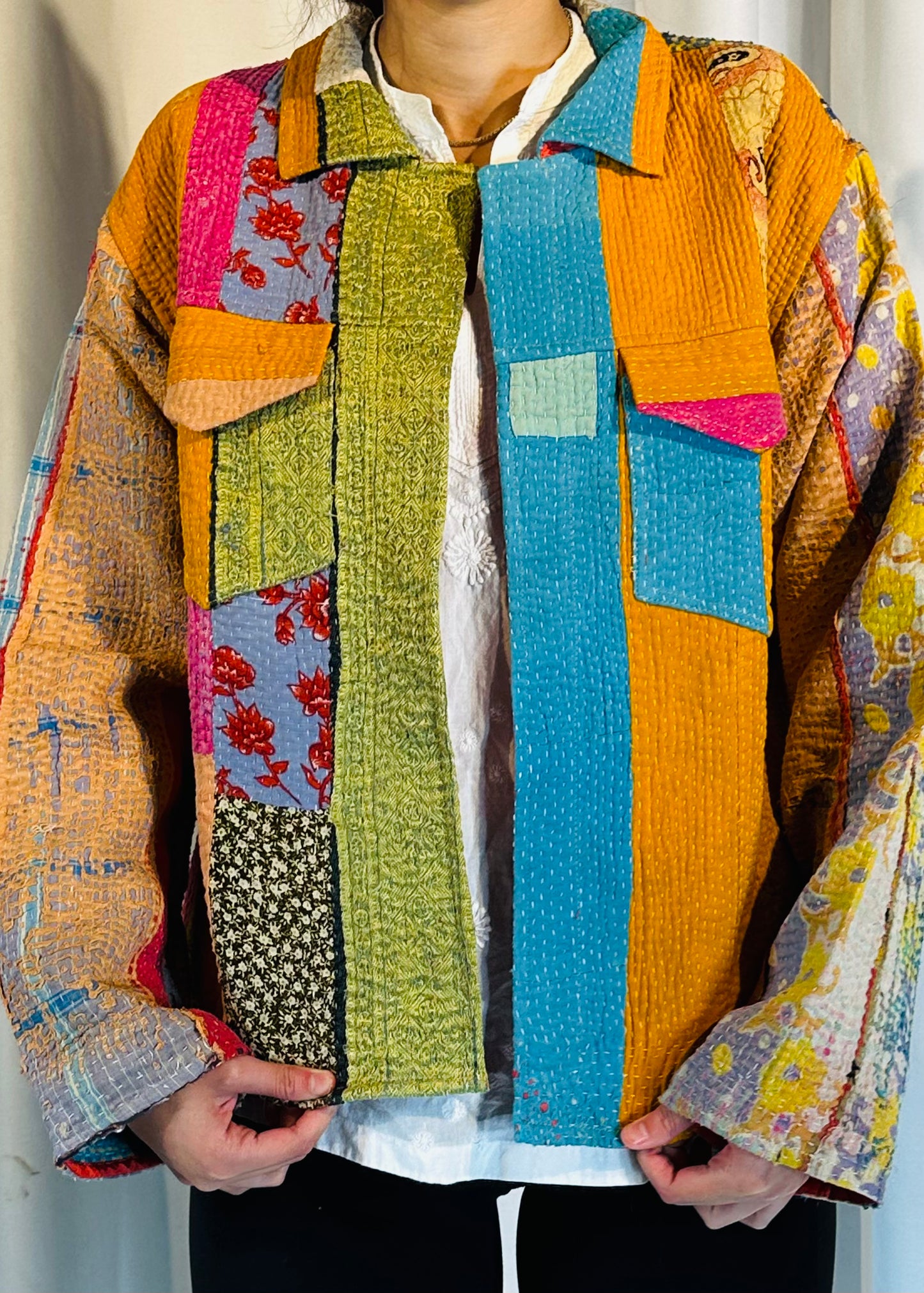 Sustainably Crafted Unique Quilted Trucker Jacket with Green, Orange and Blue Create from Recycled Saris - DharBazaar