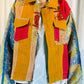 Sustainably Crafted Unique Quilted Trucker Jacket in Vibrant Orange, Red, and Blue from Recycled Saris - DharBazaar