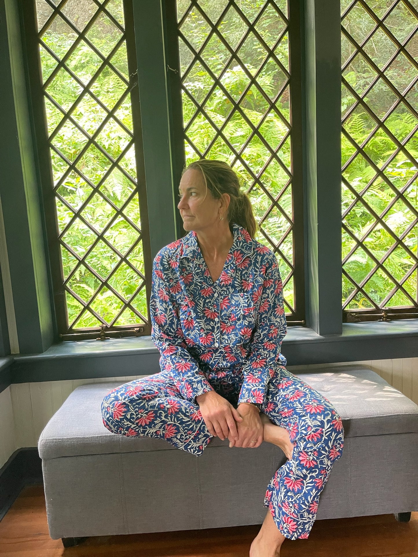 Women's Block Print Pajama Set | Blue Garden