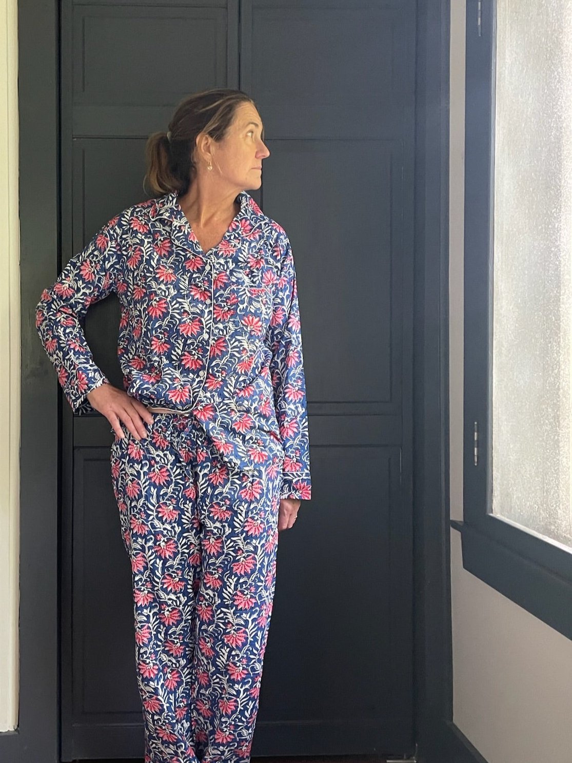 Women's Block Print Pajama Set | Blue Garden