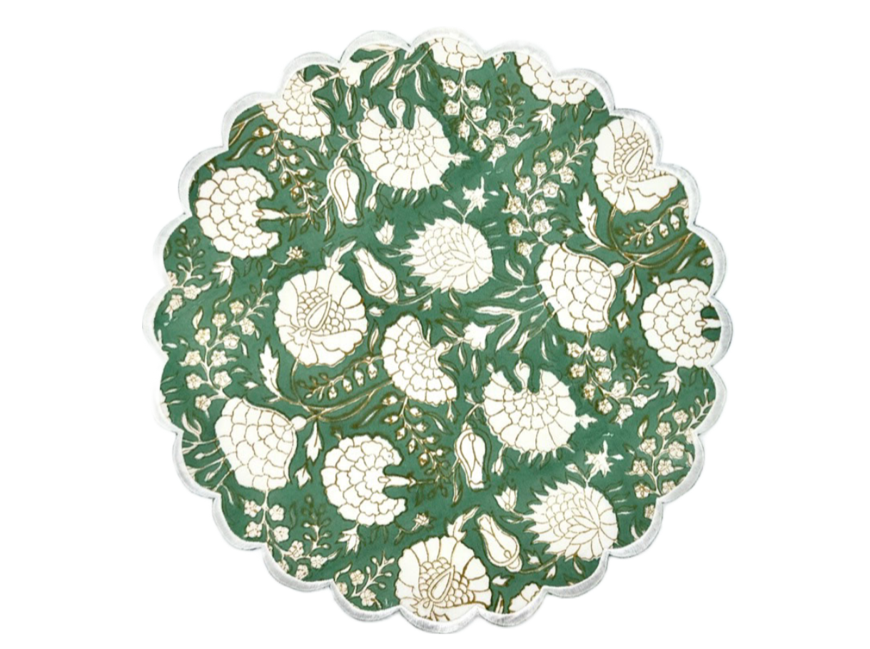 Green & White Round Scalloped Edge Embroidered Placemat I Table Mats I Cotton Placemat I Table Linen I Tablecloth - DharBazaar