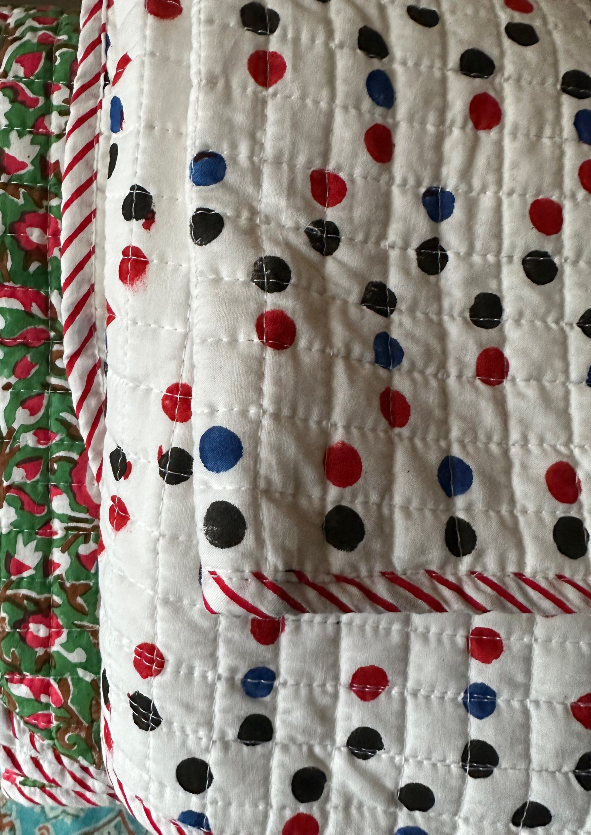 Red, blue, and black polka dot baby blanket with candy piping. ##PolkaDotBabyBlanket 🍭 - DharBazaar
