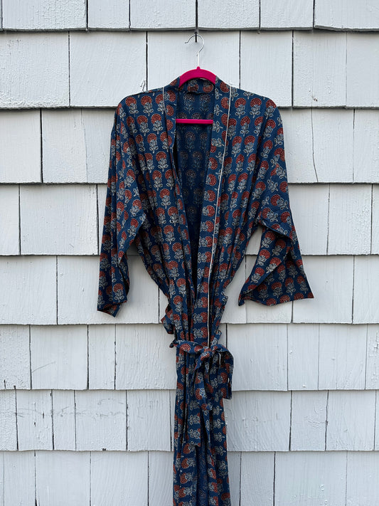 Hand-block Printed Kimono Robes With Red Carnations on Navy Blue - DharBazaar