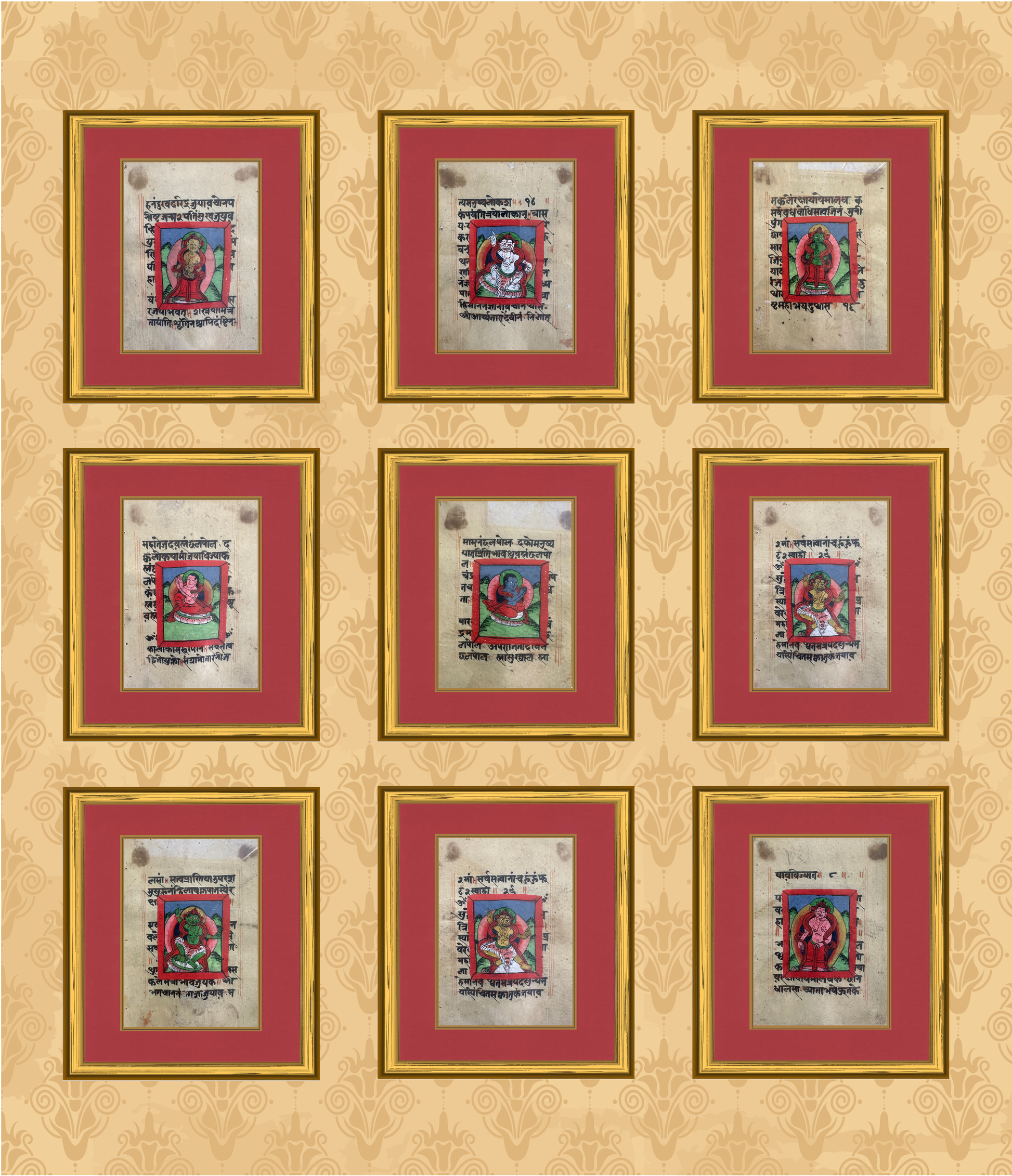 Tibetan Manuscript Paintings, Painting set of 9, Antique Buddhist Paintings, Buddhist Painting, Tibetan Art, Antique Art, Wall Art Original, Hand Painted, Series - 5 - DharBazaar